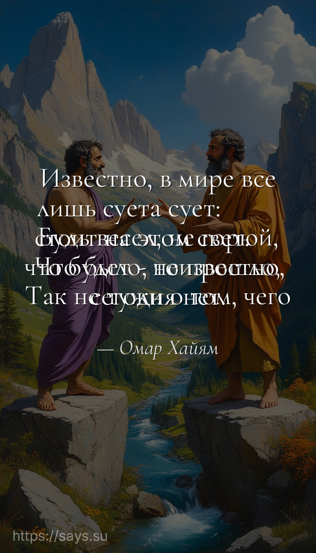 Известно, в мире все лишь суета сует:<br />Будь весел, не горюй, стоит на этом свет.<br />Что было, то прошло, что будет - неизвестно,<br />Так не тужи о том, чего сегодня нет.