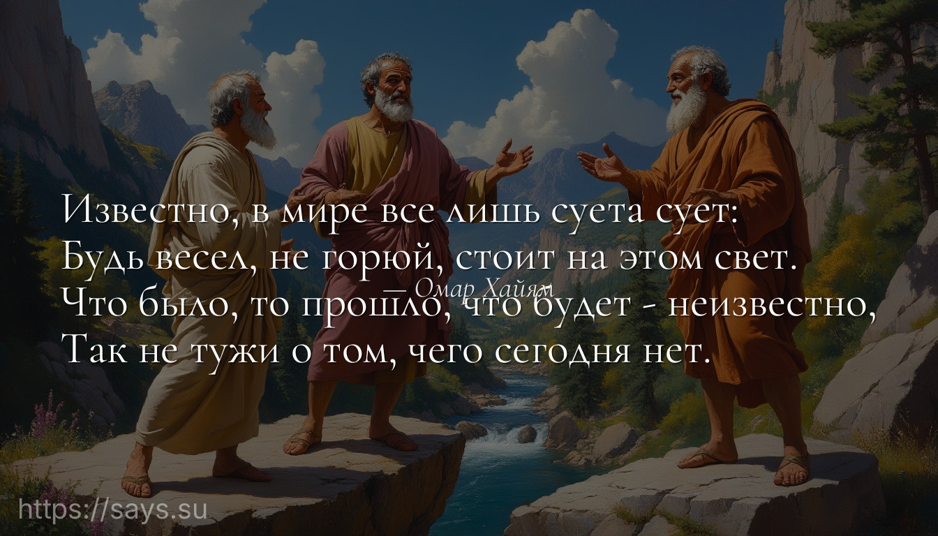 Известно, в мире все лишь суета сует:<br />Будь весел, не горюй, стоит на этом свет.<br />Что было, то прошло, что будет - неизвестно,<br />Так не тужи о том, чего сегодня нет.
