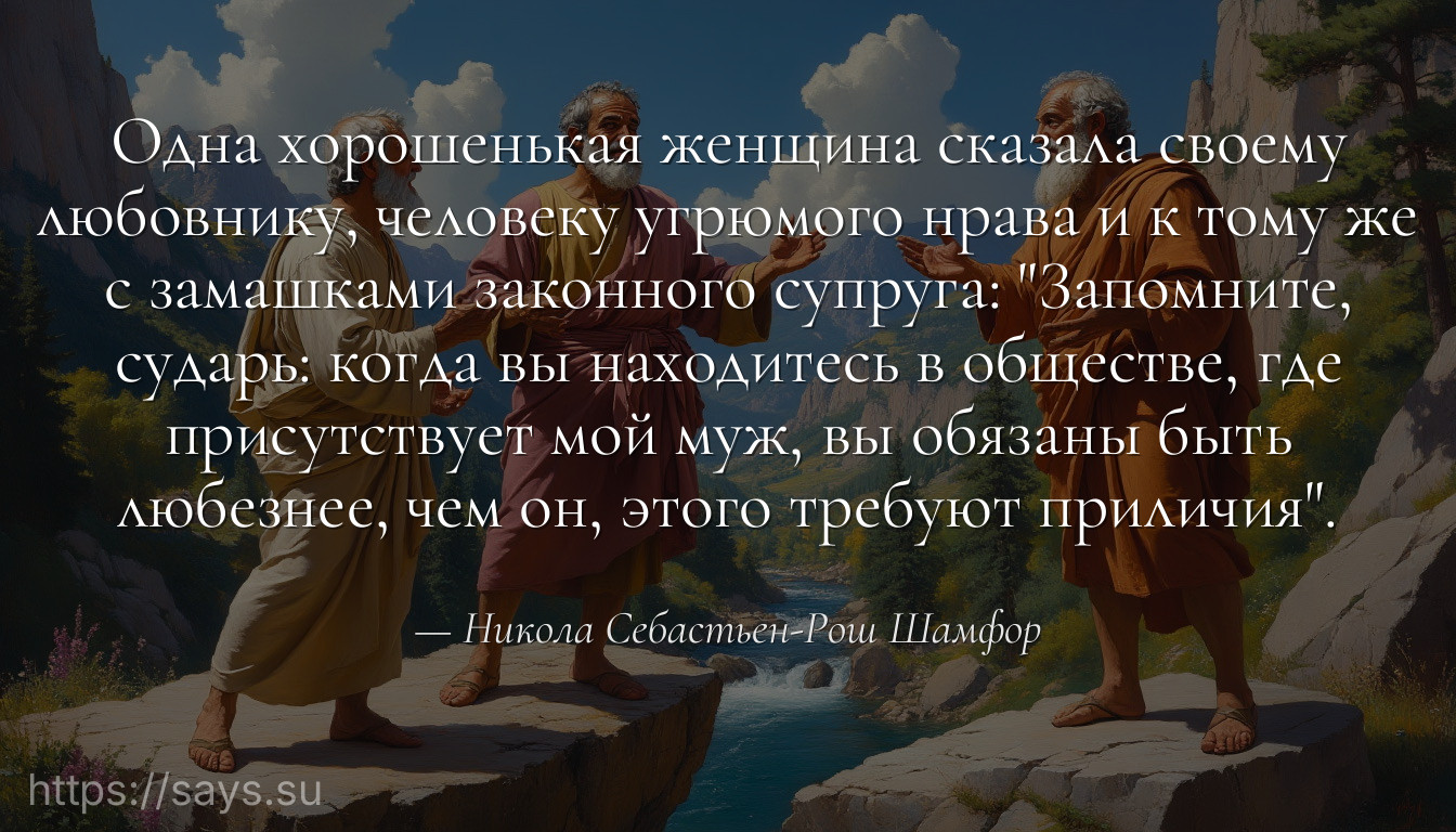Одна хорошенькая женщина сказала своему любовнику, человеку угрюмого нрава и к тому же с замашками законного супруга: "Запомните, сударь: когда вы находитесь в обществе, где присутствует мой муж, вы обязаны быть любезнее, чем он, этого требуют приличия".