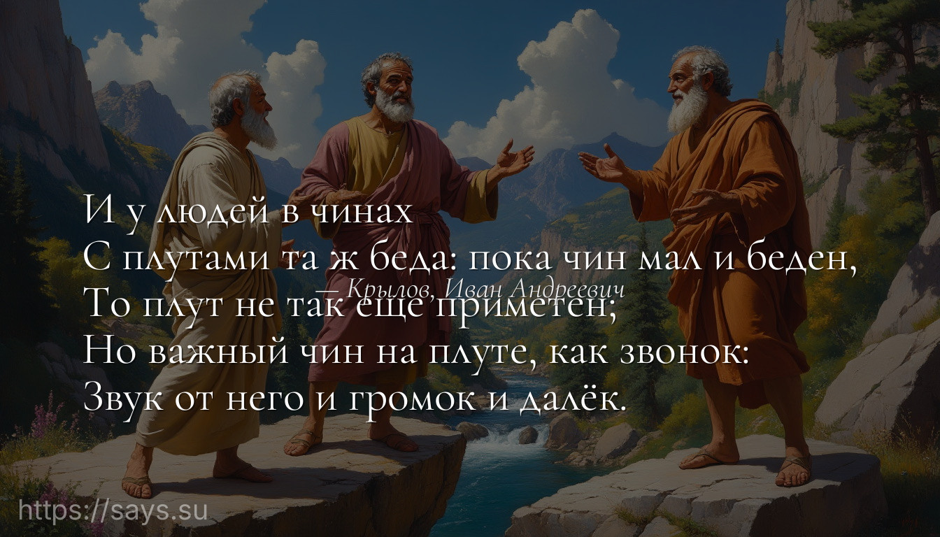 И у людей в чинах<br />С плутами та ж беда: пока чин мал и беден,<br />То плут не так еще приметен;<br />Но важный чин на плуте, как звонок:<br />Звук от него и громок и далёк.