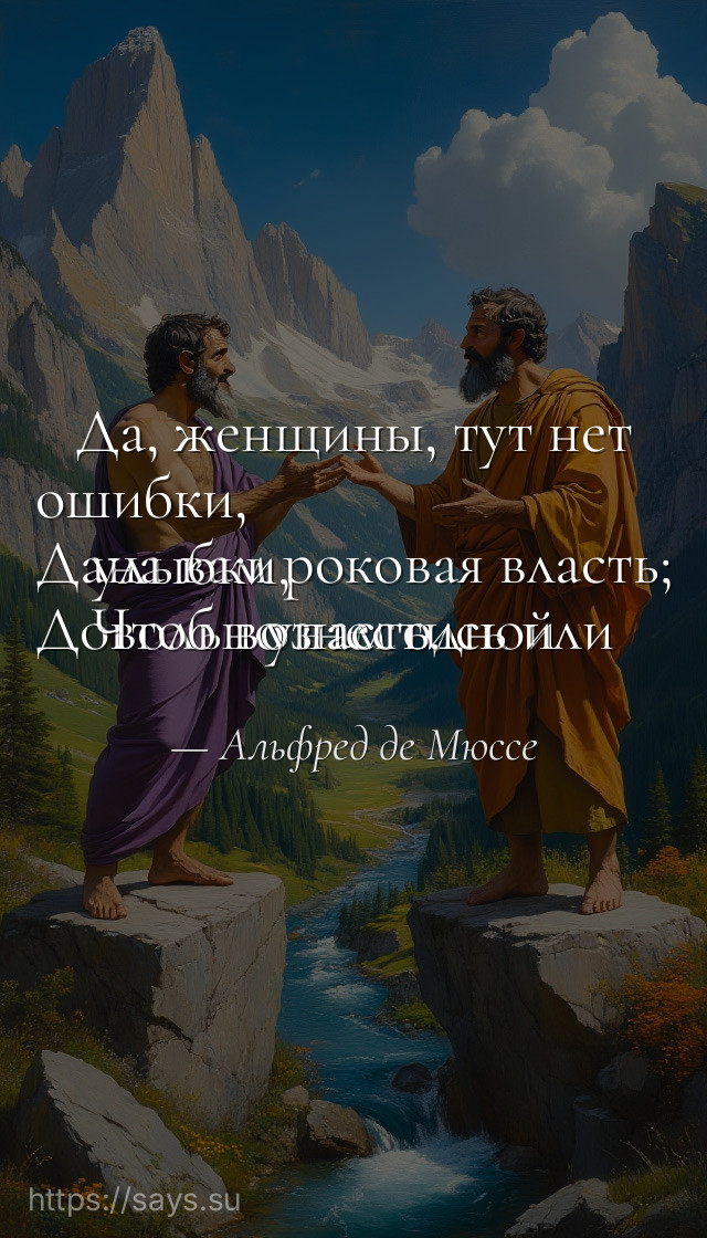 Да, женщины, тут нет ошибки,<br />Дана вам роковая власть;<br />Довольно вам одной улыбки,<br />Чтоб вознестись или упасть.