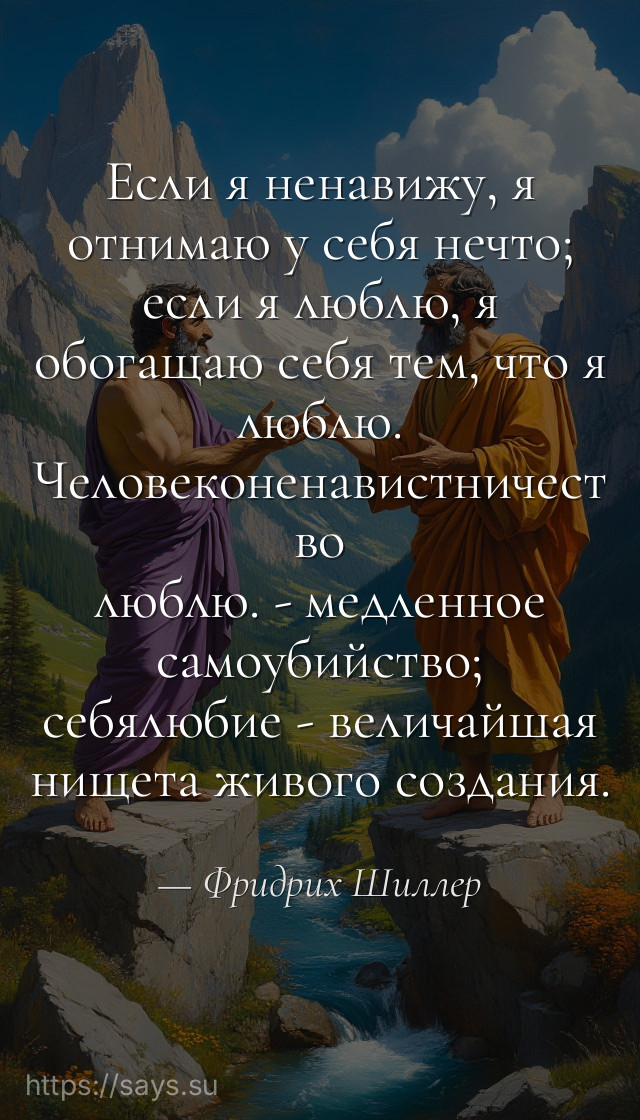 Если я ненавижу, я отнимаю у себя нечто; если я люблю, я обогащаю себя тем, что я люблю. Человеконенавистничество - медленное самоубийство; себялюбие - величайшая нищета живого создания.