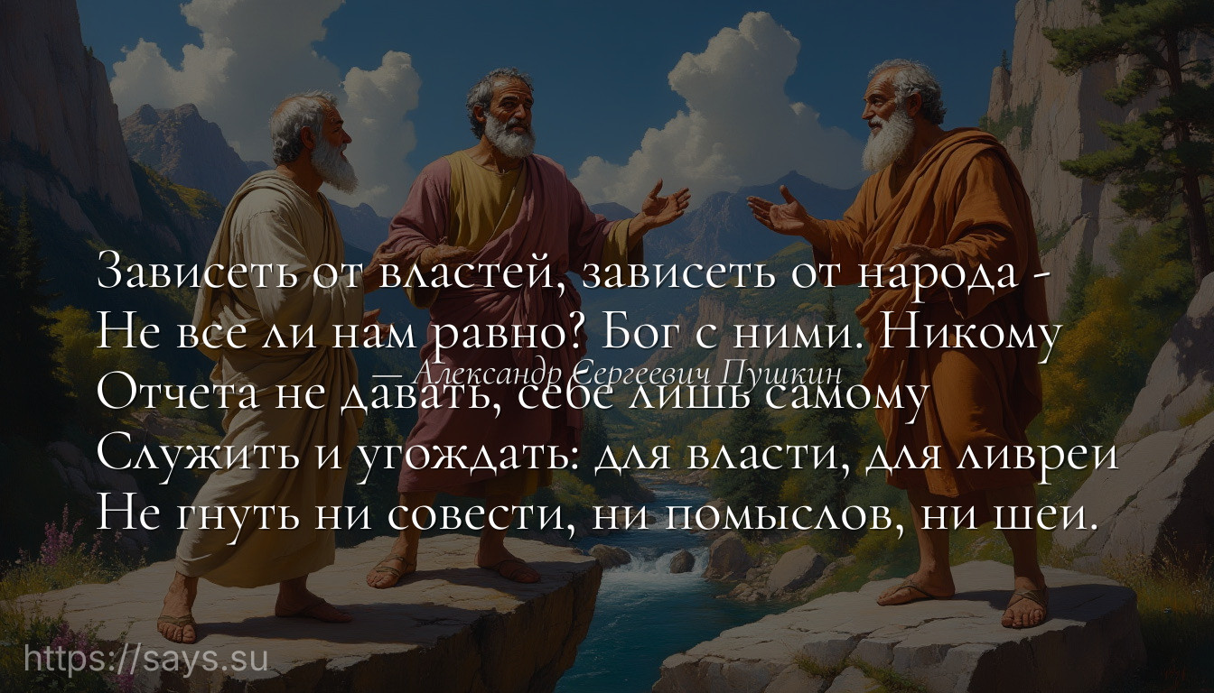 Зависеть от властей, зависеть от народа -<br />Не все ли нам равно? Бог с ними. Никому<br />Отчета не давать, себе лишь самому<br />Служить и угождать: для власти, для ливреи<br />Не гнуть ни совести, ни помыслов, ни шеи.