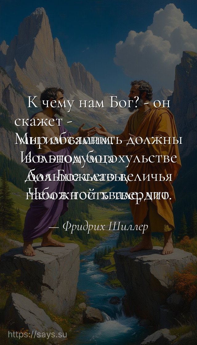 К чему нам Бог? - он скажет -<br />Мир объяснить должны мы им самим.<br />И в этом богохульстве вольнодумца<br />Для Божьего величья больше славы,<br />Чем в той хвале, что набожность твердит.