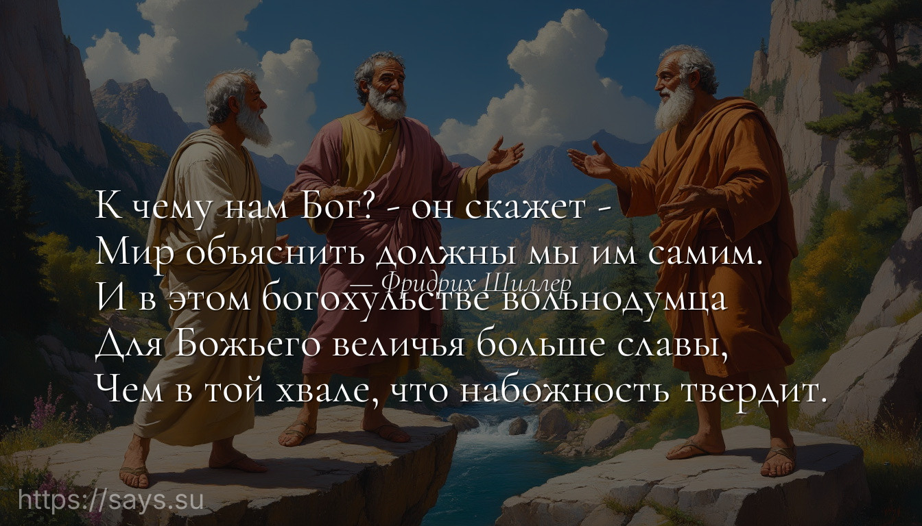 К чему нам Бог? - он скажет -<br />Мир объяснить должны мы им самим.<br />И в этом богохульстве вольнодумца<br />Для Божьего величья больше славы,<br />Чем в той хвале, что набожность твердит.