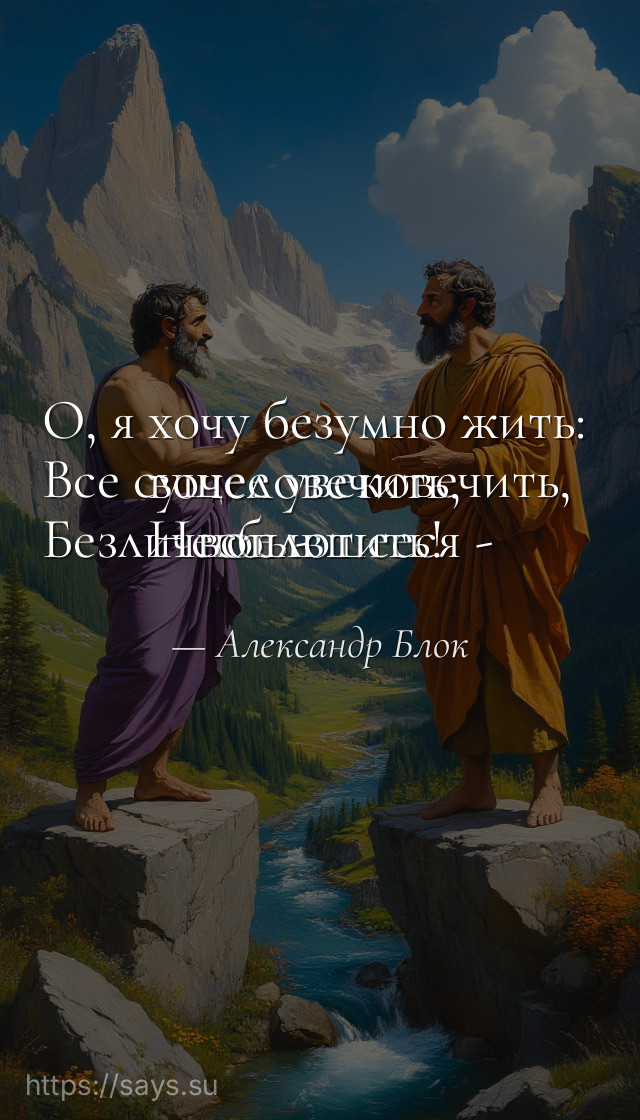 О, я хочу безумно жить: <br />Все сущее увековечить, <br />Безличное - вочеловечить, <br />Несбывшееся - воплотить!
