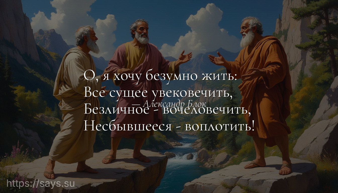 О, я хочу безумно жить: <br />Все сущее увековечить, <br />Безличное - вочеловечить, <br />Несбывшееся - воплотить!