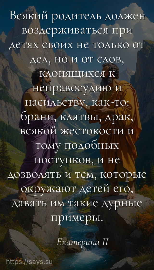 Всякий родитель должен воздерживаться при детях своих не только от дел, но и от слов, клонящихся к неправосудию и насильству, как-то: брани, клятвы, драк, всякой жестокости и тому подобных поступков, и не дозволять и тем, которые окружают детей его, давать им такие дурные примеры.