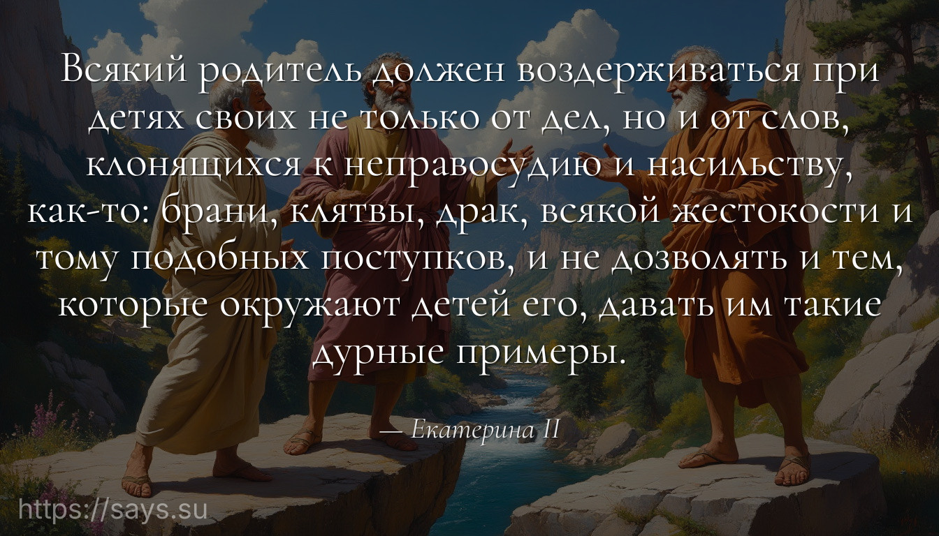 Всякий родитель должен воздерживаться при детях своих не только от дел, но и от слов, клонящихся к неправосудию и насильству, как-то: брани, клятвы, драк, всякой жестокости и тому подобных поступков, и не дозволять и тем, которые окружают детей его, давать им такие дурные примеры.