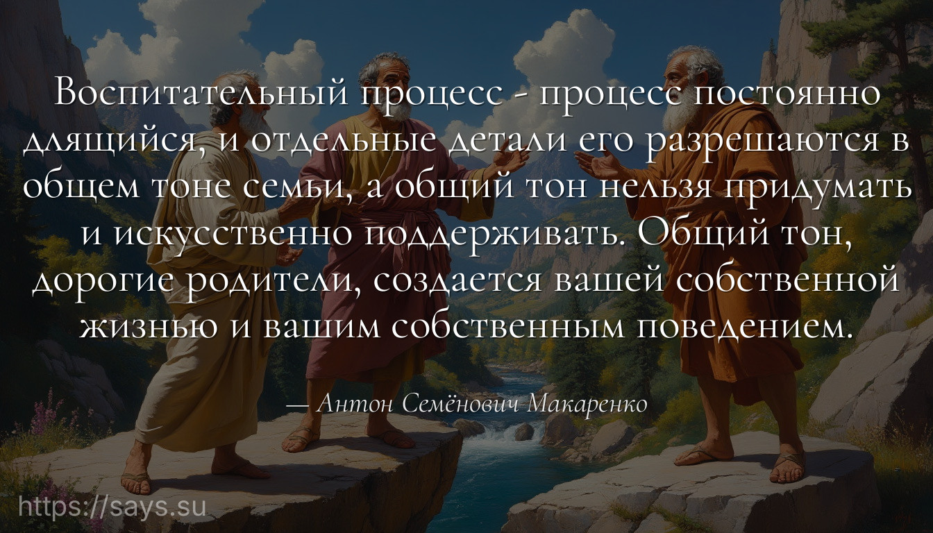 Воспитательный процесс - процесс постоянно длящийся, и отдельные детали его разрешаются в общем тоне семьи, а общий тон нельзя придумать и искусственно поддерживать. Общий тон, дорогие родители, создается вашей собственной жизнью и вашим собственным поведением.