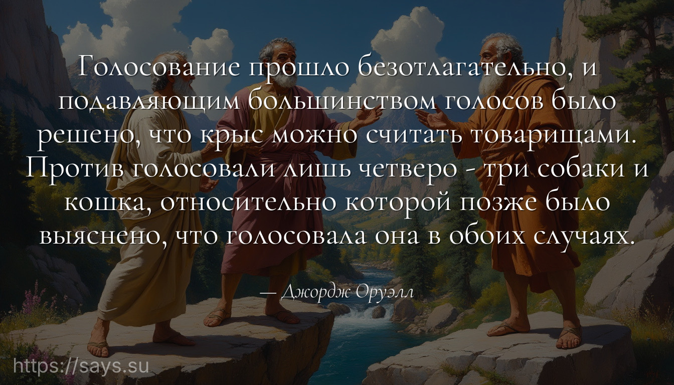 Голосование прошло безотлагательно, и подавляющим большинством голосов было решено, что крыс можно считать товарищами. Против голосовали лишь четверо - три собаки и кошка, относительно которой позже было выяснено, что голосовала она в обоих случаях.