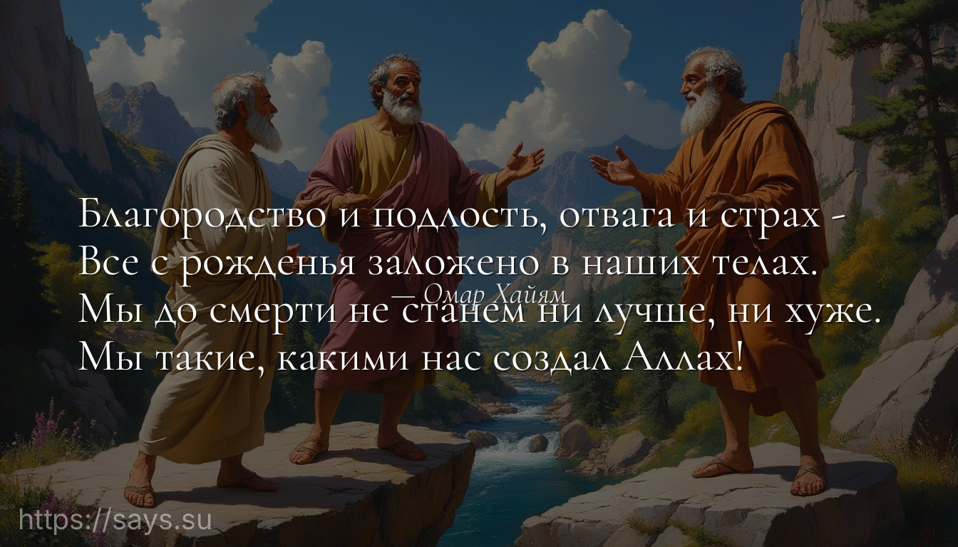 Благородство и подлость, отвага и страх -<br />Все с рожденья заложено в наших телах.<br />Мы до смерти не станем ни лучше, ни хуже.<br />Мы такие, какими нас создал Аллах!