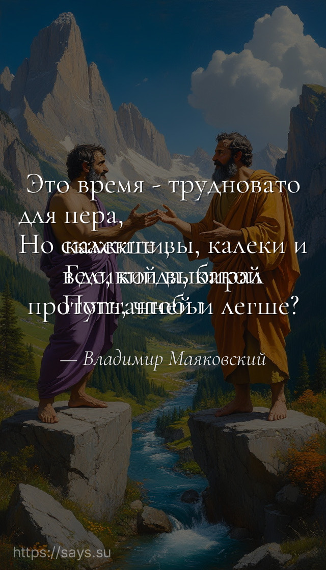 Это время - трудновато для пера,<br />Но скажите вы, калеки и калекши,<br />Где, когда, какой великий выбирал<br />Путь, чтобы протоптанней и легше?
