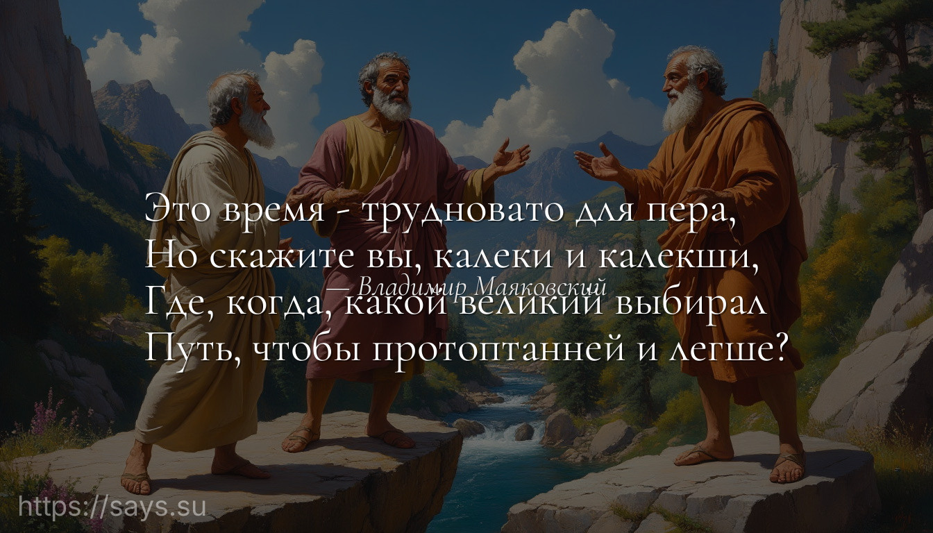 Это время - трудновато для пера,<br />Но скажите вы, калеки и калекши,<br />Где, когда, какой великий выбирал<br />Путь, чтобы протоптанней и легше?