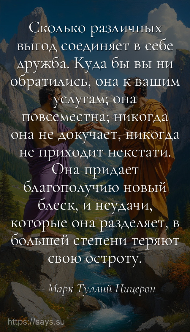 Сколько различных выгод соединяет в себе дружба. Куда бы вы ни обратились, она к вашим услугам; она повсеместна; никогда она не докучает, никогда не приходит некстати. Она придает благополучию новый блеск, и неудачи, которые она разделяет, в большей степени теряют свою остроту.