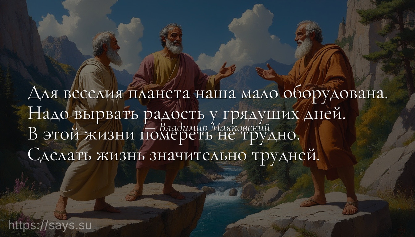 Для веселия планета наша мало оборудована.<br />Надо вырвать радость у грядущих дней.<br />В этой жизни помереть не трудно.<br />Сделать жизнь значительно трудней.