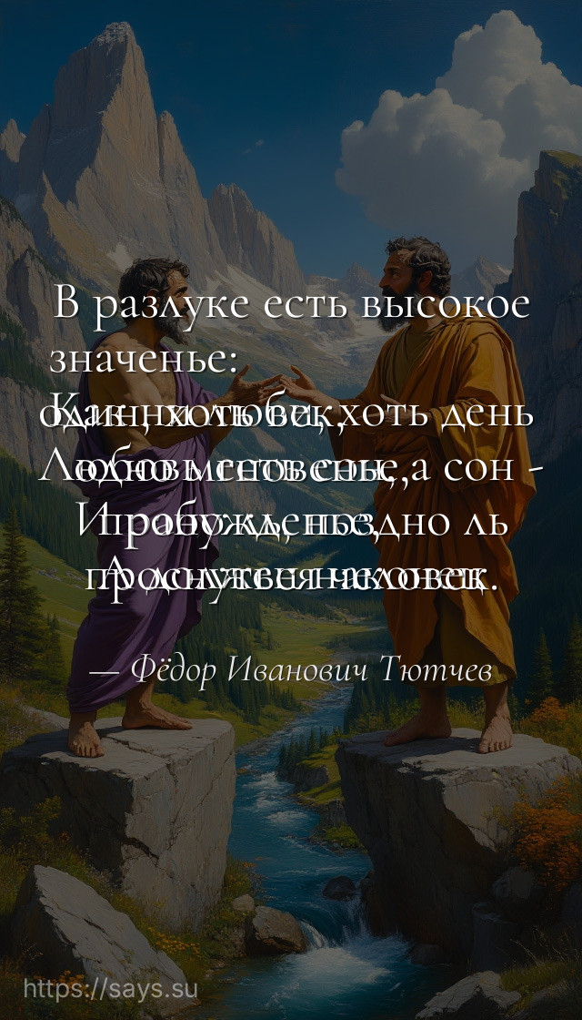 В разлуке есть высокое значенье: <br />Как ни люби, хоть день один, хоть век, <br />Любовь есть сон, а сон - одно мгновенье, <br />И рано ль, поздно ль пробужденье, <br />А должен наконец проснуться человек.