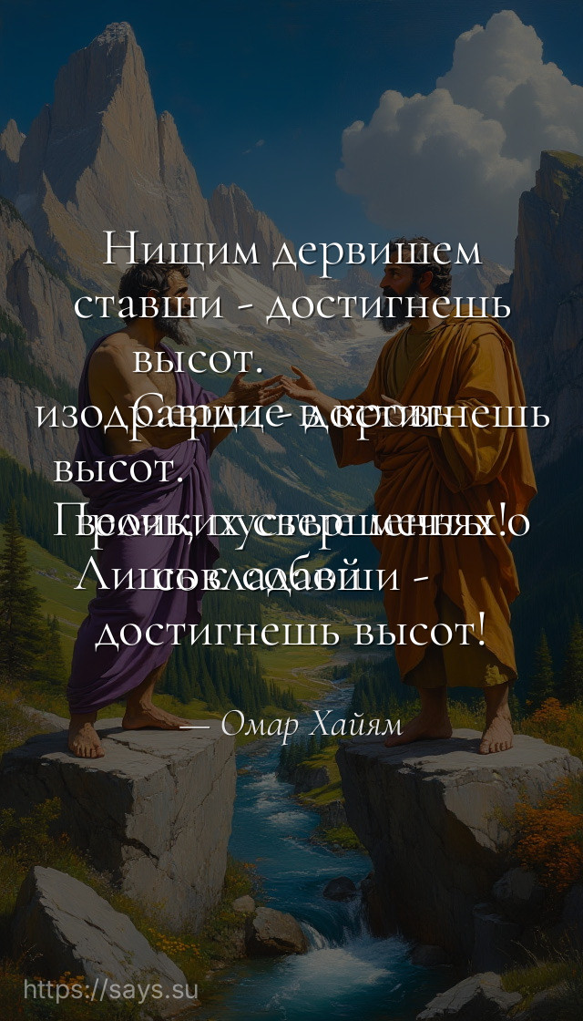 Нищим дервишем ставши - достигнешь высот.<br />Сердце в кровь изодравши - достигнешь высот.<br />Прочь, пустыe мечты о великих свершеньях!<br />Лишь с собой совладавши - достигнешь высот!