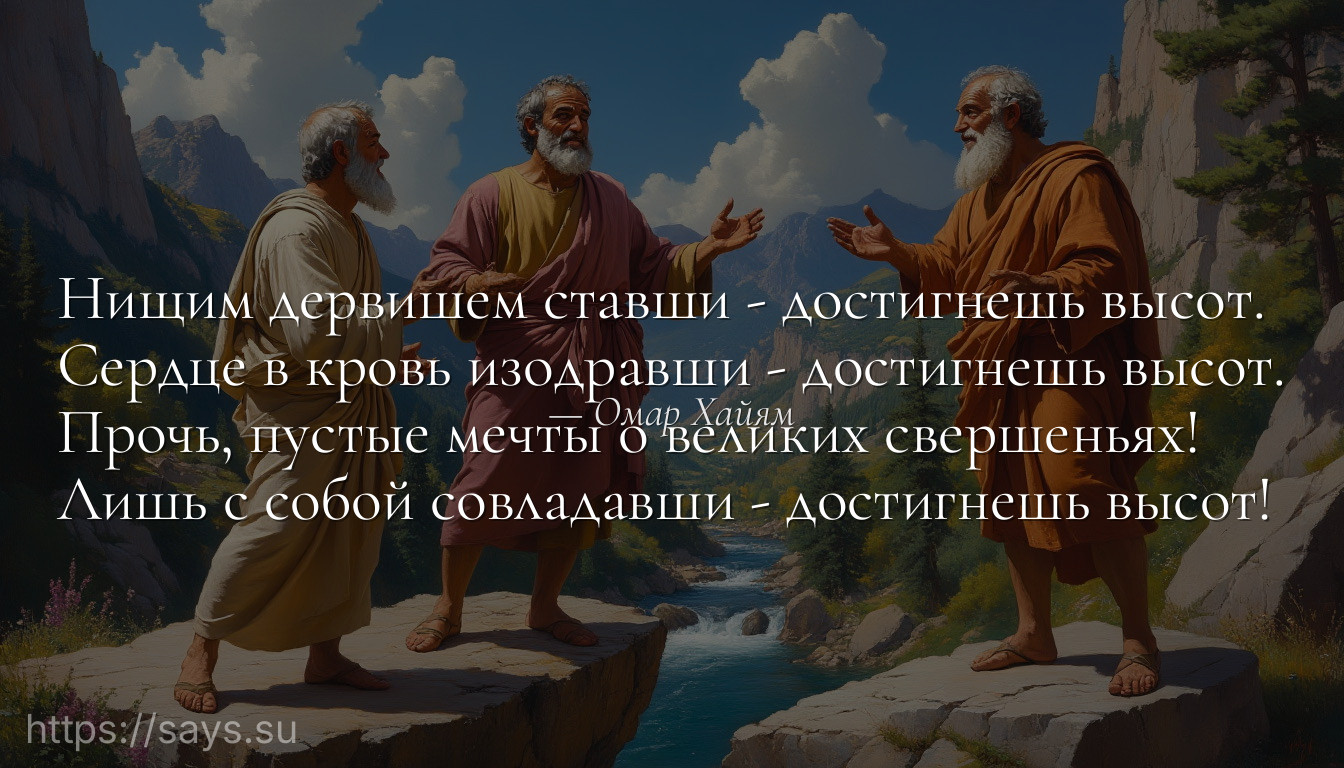 Нищим дервишем ставши - достигнешь высот.<br />Сердце в кровь изодравши - достигнешь высот.<br />Прочь, пустыe мечты о великих свершеньях!<br />Лишь с собой совладавши - достигнешь высот!