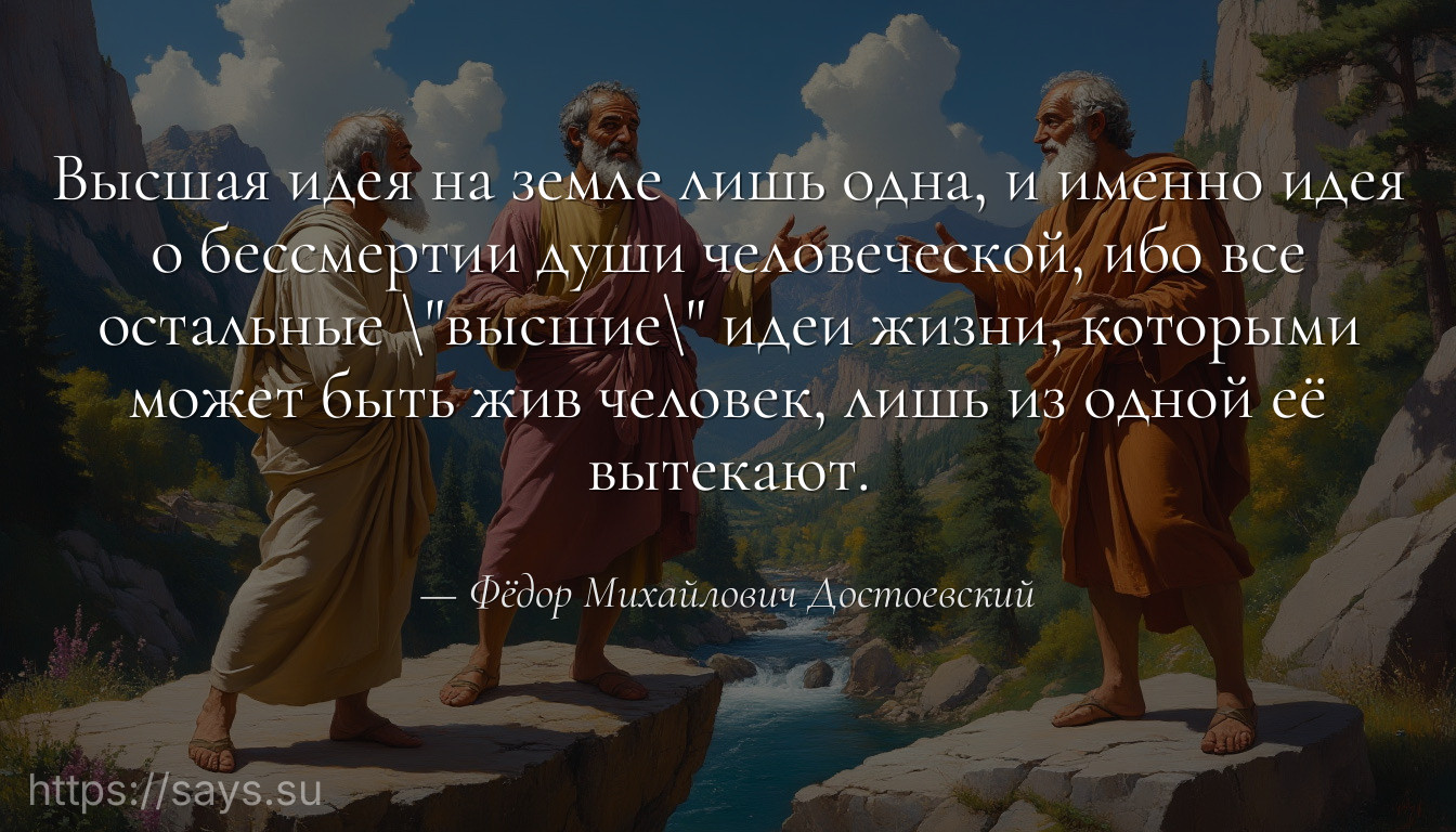 Высшая идея на земле лишь одна, и именно идея о бессмертии души человеческой, ибо все остальные \высшие\ идеи жизни, которыми может быть жив человек, лишь из одной её вытекают.