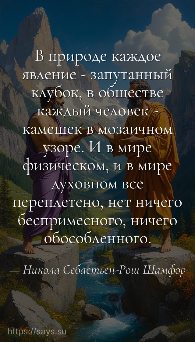 В природе каждое явление - запутанный клубок, в обществе каждый человек - камешек в мозаичном узоре. И в мире физическом, и в мире духовном все переплетено, нет ничего беспримесного, ничего обособленного.