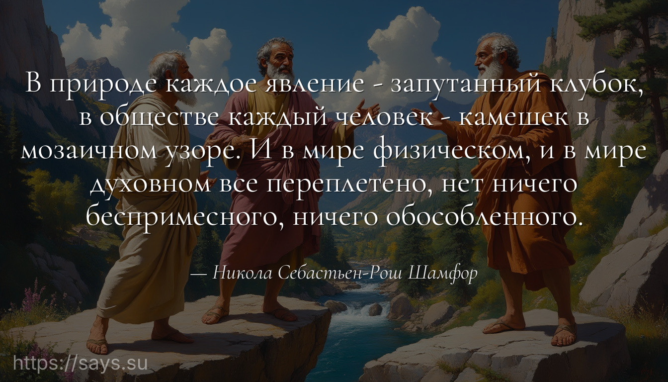 В природе каждое явление - запутанный клубок, в обществе каждый человек - камешек в мозаичном узоре. И в мире физическом, и в мире духовном все переплетено, нет ничего беспримесного, ничего обособленного.