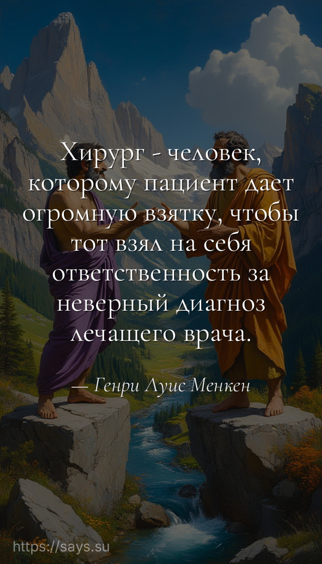 Хирург - человек, которому пациент дает огромную взятку, чтобы тот взял на себя ответственность за неверный диагноз лечащего врача.