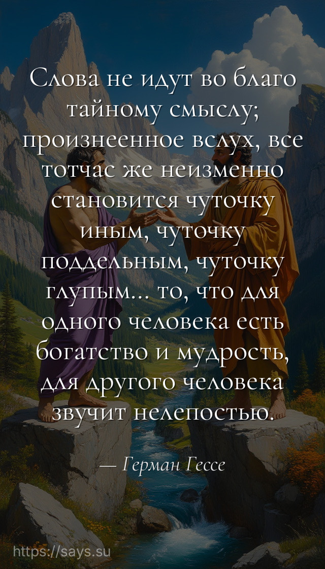 Слова не идут во благо тайному смыслу; произнеенное вслух, все тотчас же неизменно становится чуточку иным, чуточку поддельным, чуточку глупым… то, что для одного человека есть богатство и мудрость, для другого человека звучит нелепостью.