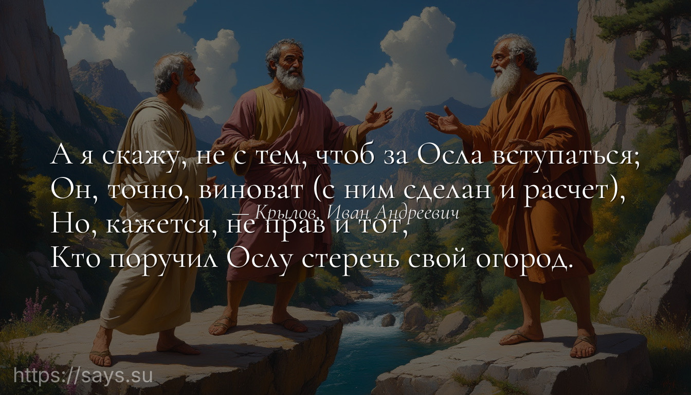А я скажу, не с тем, чтоб за Осла вступаться;<br />Он, точно, виноват (с ним сделан и расчет),<br />Но, кажется, не прав и тот,<br />Кто поручил Ослу стеречь свой огород.