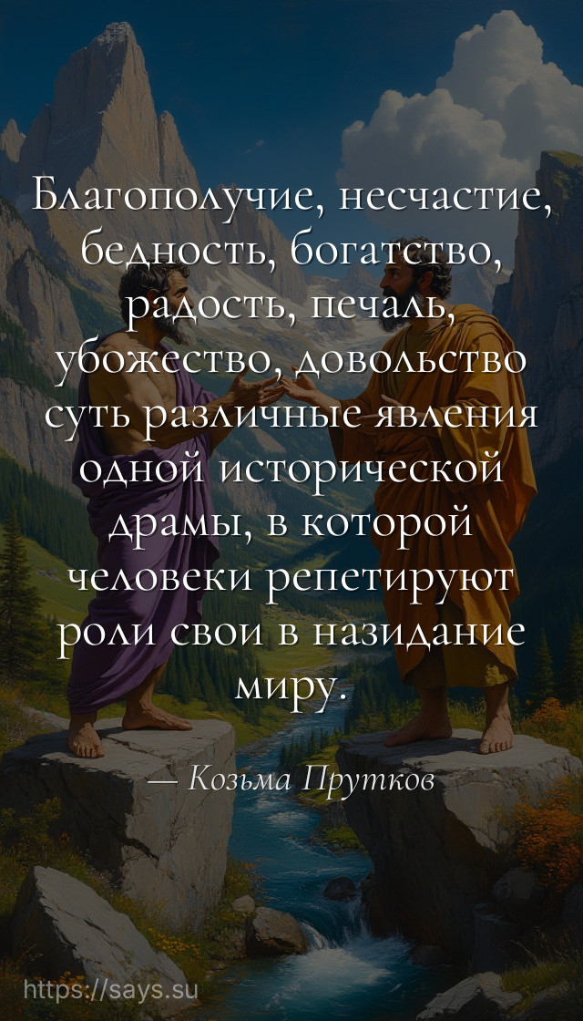 Благополучие, несчастие, бедность, богатство, радость, печаль, убожество, довольство суть различные явления одной исторической драмы, в которой человеки репетируют роли свои в назидание миру.