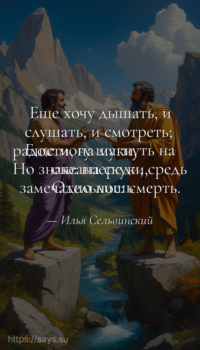 Еще хочу дышать, и слушать, и смотреть;<br />Еще могу шагнуть на радости, на муки,<br />Но знаю: впереди, средь океана скуки,<br />Одно лишь замечательное: смерть.