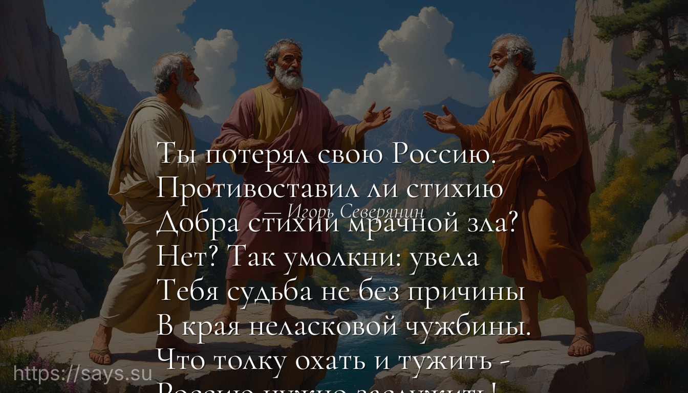 Ты потерял свою Россию.<br />Противоставил ли стихию<br />Добра стихии мрачной зла?<br />Нет? Так умолкни: увела<br />Тебя судьба не без причины<br />В края неласковой чужбины.<br />Что толку охать и тужить -<br />Россию нужно заслужить!