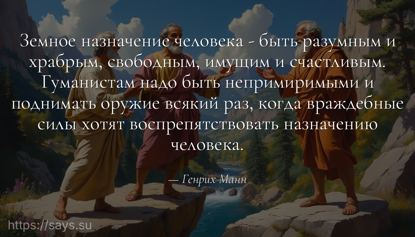 Земное назначение человека - быть разумным и храбрым, свободным, имущим и счастливым. Гуманистам надо быть непримиримыми и поднимать оружие всякий раз, когда враждебные силы хотят воспрепятствовать назначению человека.