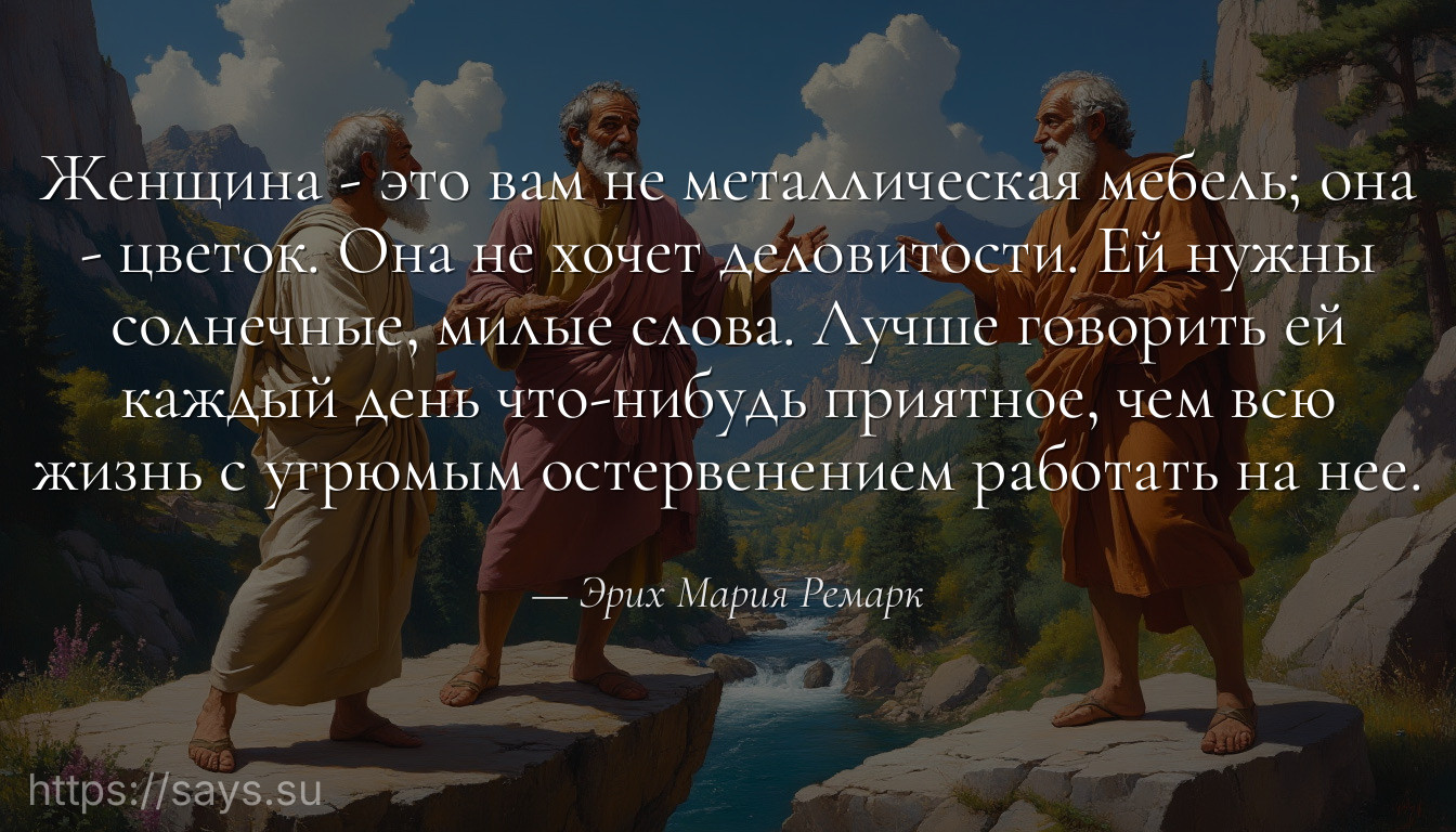 Женщина - это вам не металлическая мебель; она - цветок. Она не хочет деловитости. Ей нужны солнечные, милые слова. Лучше говорить ей каждый день что-нибудь приятное, чем всю жизнь с угрюмым остервенением работать на нее.