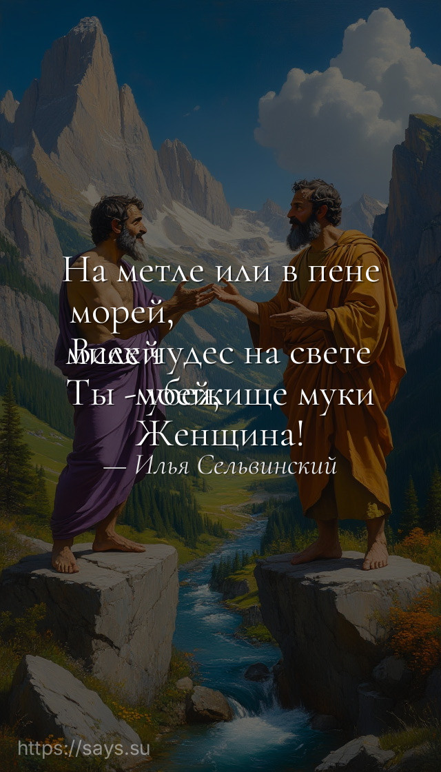 На метле или в пене морей, <br />Всех чудес на свете милей <br />Ты - убежище муки моей, <br />Женщина!