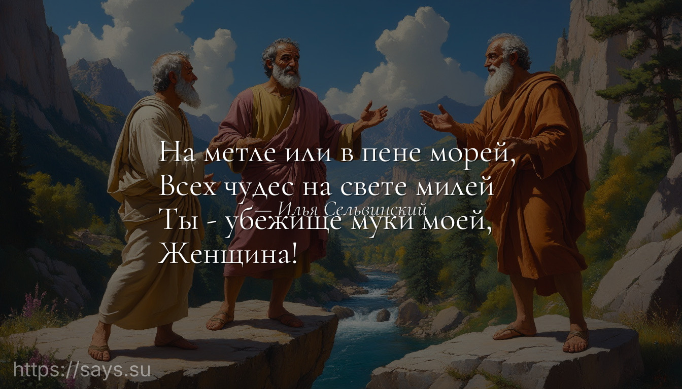 На метле или в пене морей, <br />Всех чудес на свете милей <br />Ты - убежище муки моей, <br />Женщина!
