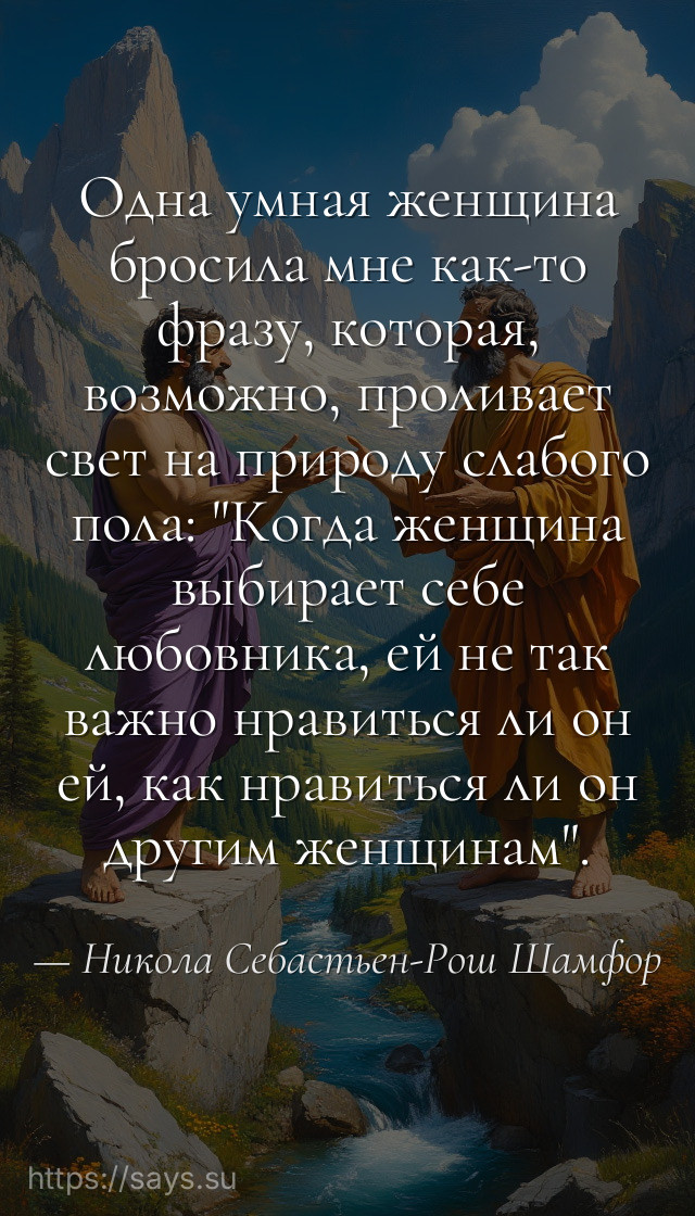Одна умная женщина бросила мне как-то фразу, которая, возможно, проливает свет на природу слабого пола: "Когда женщина выбирает себе любовника, ей не так важно нравиться ли он ей, как нравиться ли он другим женщинам".