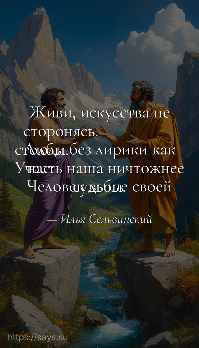 Живи, искусства не сторонясь.<br />Люди без лирики как столбы.<br />Участь наша ничтожнее нас:<br />Человек выше своей судьбы.