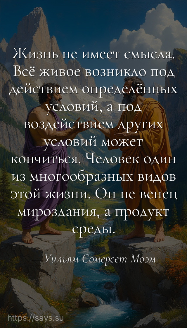 Жизнь не имеет смысла. Всё живое возникло под действием определённых условий, а под воздействием других условий может кончиться. Человек один из многообразных видов этой жизни. Он не венец мироздания, а продукт среды.