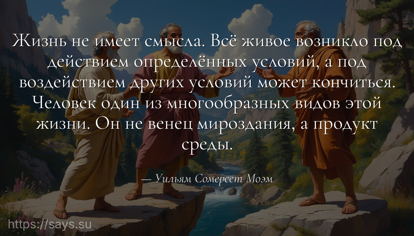 Жизнь не имеет смысла. Всё живое возникло под действием определённых условий, а под воздействием других условий может кончиться. Человек один из многообразных видов этой жизни. Он не венец мироздания, а продукт среды.