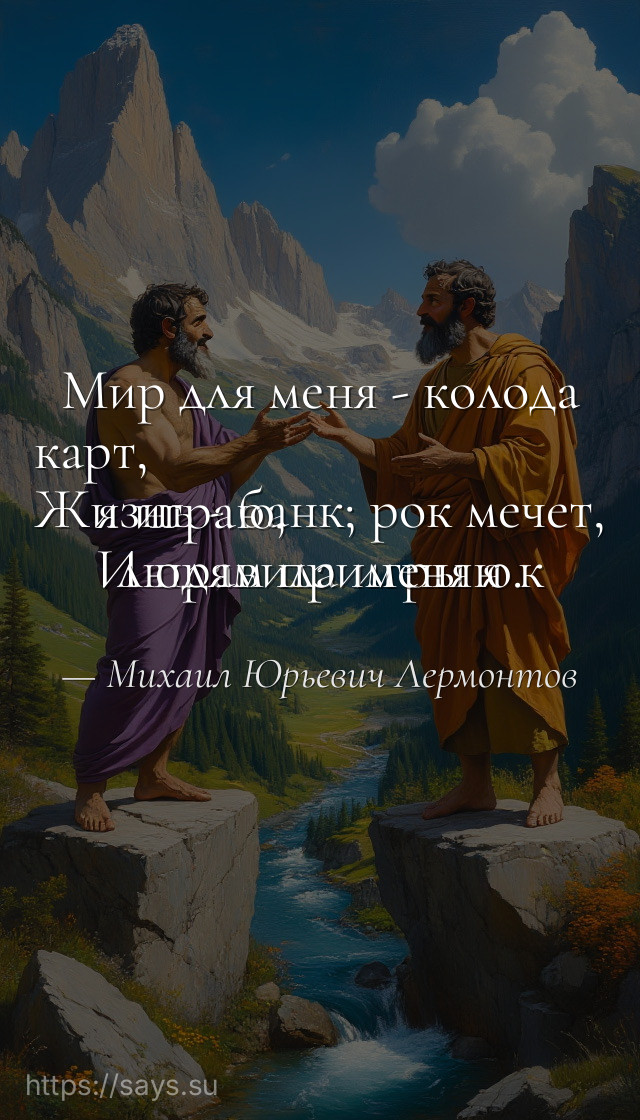 Мир для меня - колода карт,<br />Жизнь - банк; рок мечет, я играю,<br />И правила игры я к людям применяю.
