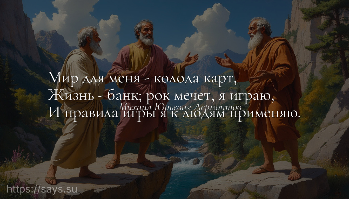 Мир для меня - колода карт,<br />Жизнь - банк; рок мечет, я играю,<br />И правила игры я к людям применяю.