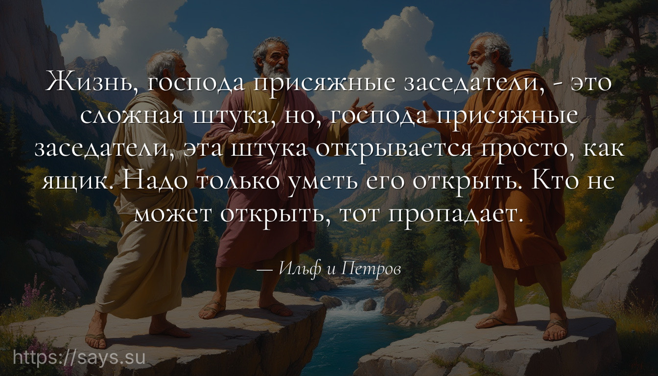 Жизнь, господа присяжные заседатели, - это сложная штука, но, господа присяжные заседатели, эта штука открывается просто, как ящик. Надо только уметь его открыть. Кто не может открыть, тот пропадает.