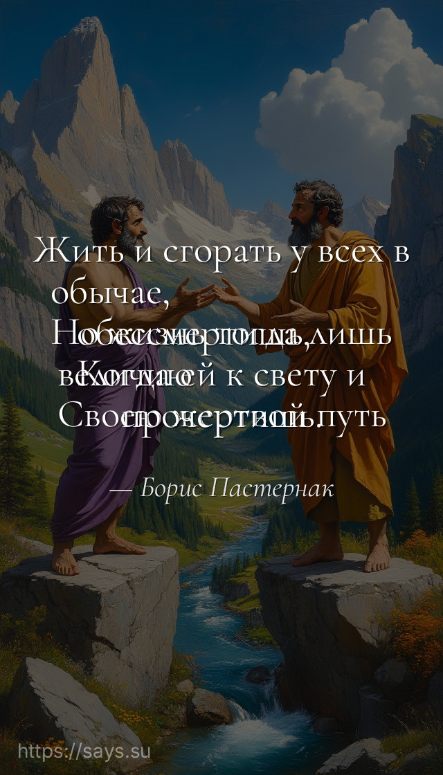 Жить и сгорать у всех в обычае, <br />Но жизнь тогда лишь обессмертишь, <br />Когда ей к свету и величию <br />Своею жертвой путь прочертишь.