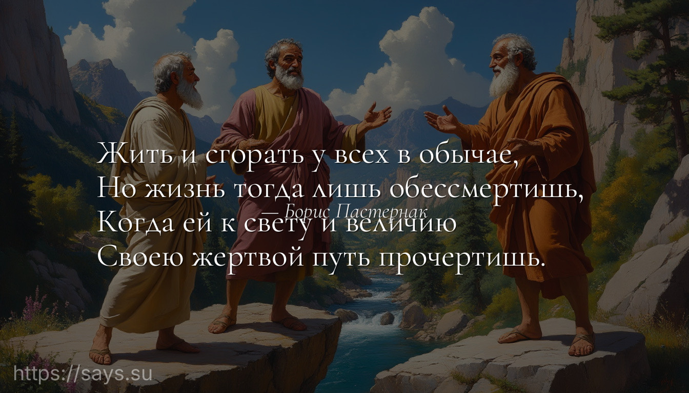 Жить и сгорать у всех в обычае, <br />Но жизнь тогда лишь обессмертишь, <br />Когда ей к свету и величию <br />Своею жертвой путь прочертишь.