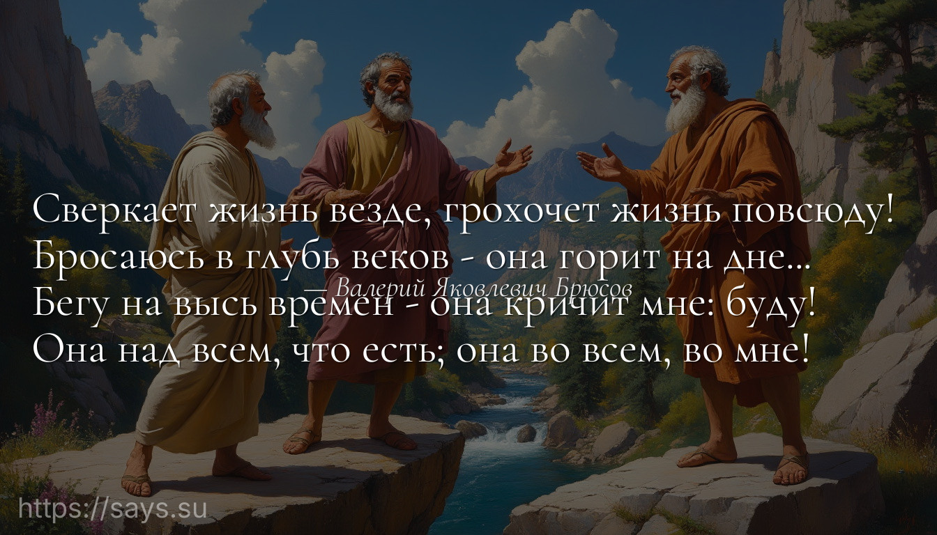 Сверкает жизнь везде, грохочет жизнь повсюду! <br />Бросаюсь в глубь веков - она горит на дне... <br />Бегу на высь времен - она кричит мне: буду! <br />Она над всем, что есть; она во всем, во мне!