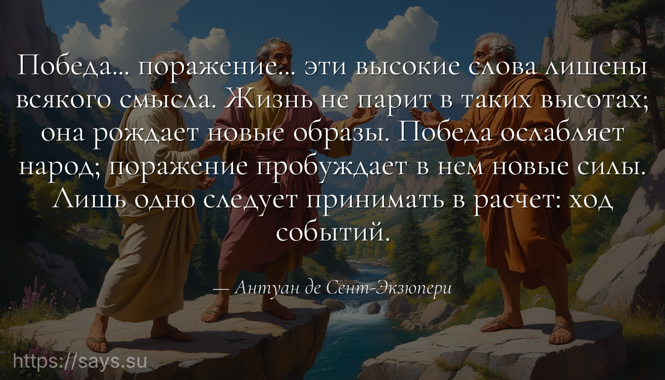 Победа... поражение... эти высокие слова лишены всякого смысла. Жизнь не парит в таких высотах; она рождает новые образы. Победа ослабляет народ; поражение пробуждает в нем новые силы. Лишь одно следует принимать в расчет: ход событий.
